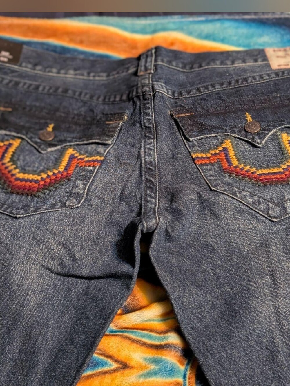 True Religion Men's Blue Denim Jeans with Pixelated Embroidered Back Pockets